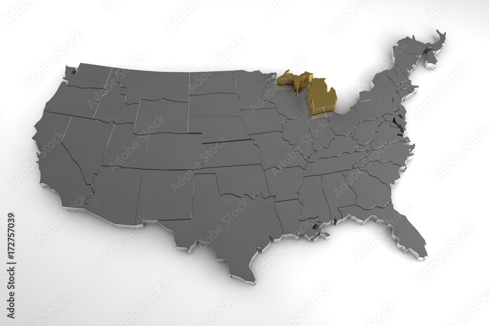 United States of America, 3d metallic map, with Michigan state highlighted. 3d render
