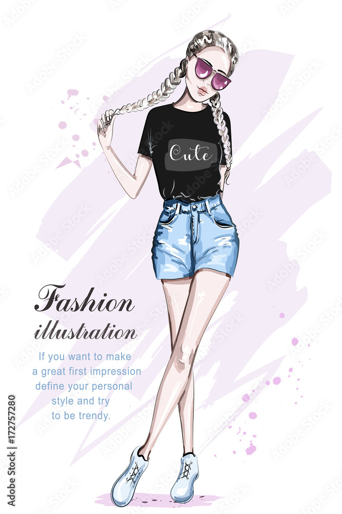 Beautiful young girl in stylish crop top. Hand drawn fashion woman with  creative braid hairstyle. Cute girl in fashion clothes. Sketch. Vector  illustration. Stock Vector | Adobe Stock