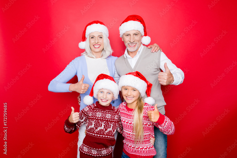 We like holy magic x mas time! Four relatives bonding isolated on the red background, excited siblings, grandad, granny, in knitted cute traditional clothing, embracing, showing good gesture We like holy magic x mas time! Four relatives bonding isolated on the red background, excited siblings, grandad, granny, in knitted cute traditional clothing, embracing, showing good gesture