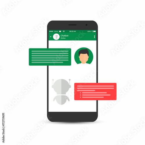 Chatbot concept. Man is asking question to chatbot. User icon and virtual assistant icon chatting