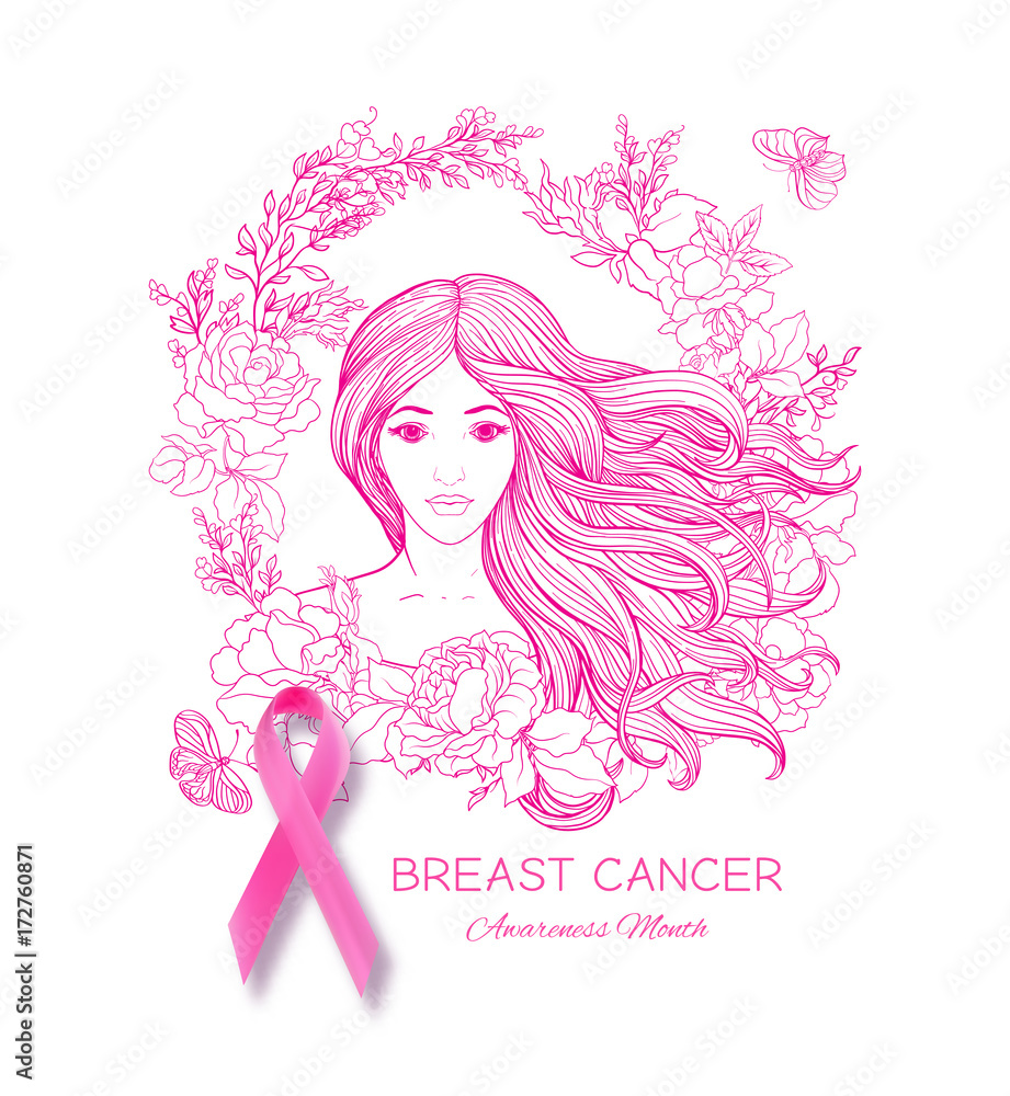 Breast cancer awareness month poster with pink ribbon and women portrait. Breast cancer awareness month poster with pink ribbon and women portrait.