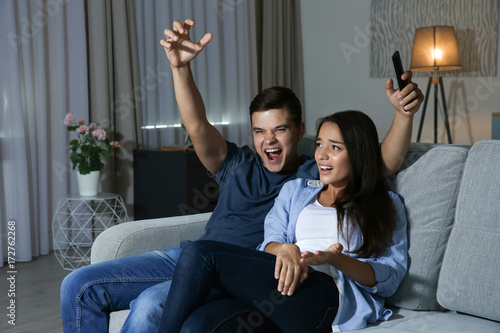 Young couple watching TV in...