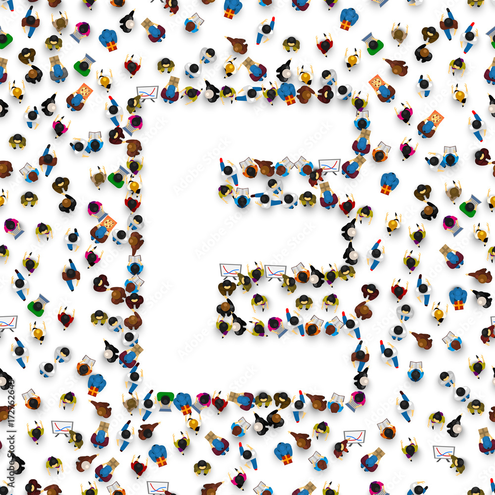 A group of people in the shape of English alphabet letter E on light background. Vector illustration. A group of people in the shape of English alphabet letter E on light background. Vector illustration.