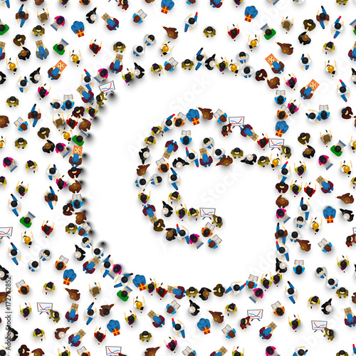 A group of people in the shape of English alphabet letter G on light background. Vector illustration.