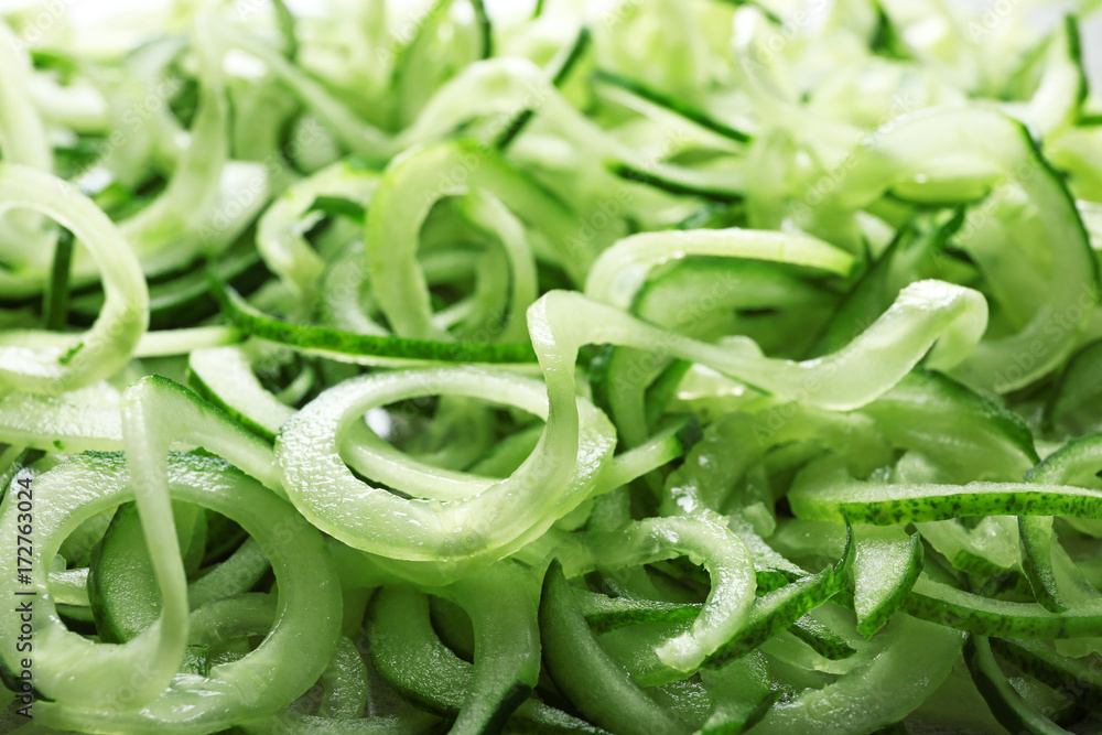 Raw cucumber green spaghetti, close up Raw cucumber green spaghetti, close up