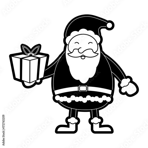 santa claus holding gift box christmas related icon image vector illustration design  black and white