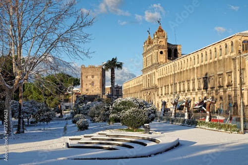 Fototapeta Naklejka Na Ścianę i Meble -  Monastery Of St. Lucy And Norman Castle Of Adrano Under The Snow, Sicily