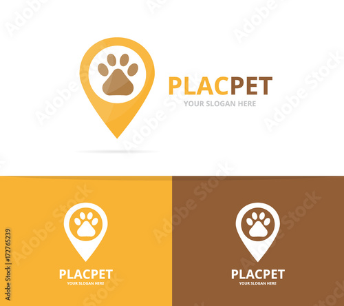 Vector paw and map pointer logo combination. Pet and gps locator symbol or icon. Unique vet and pin logotype design template.