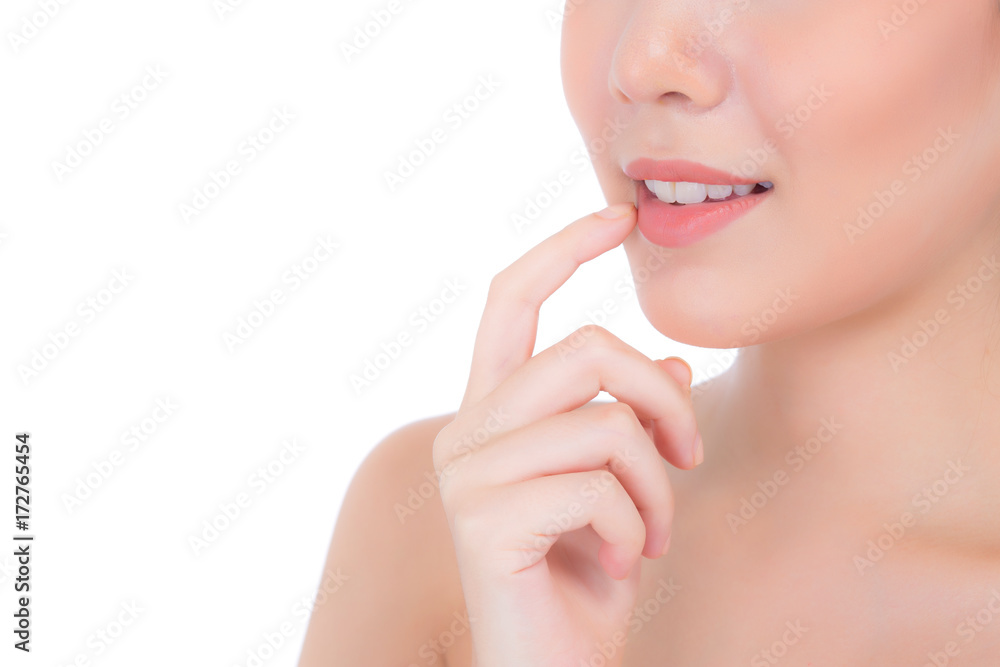 Beauty asian young woman with clean fresh skin touch lips. Cosmetics, beauty and spa concept. Model hold a finger to mouth. Beauty asian young woman with clean fresh skin touch lips. Cosmetics, beauty and spa concept. Model hold a finger to mouth.