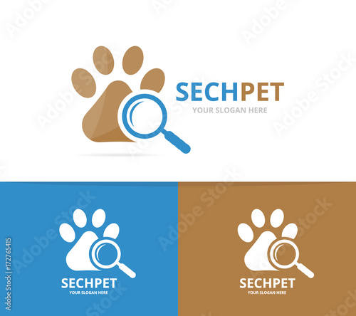 Vector paw and loupe logo combination. Pet and magnifying symbol or icon. Unique vet and search logotype design template.