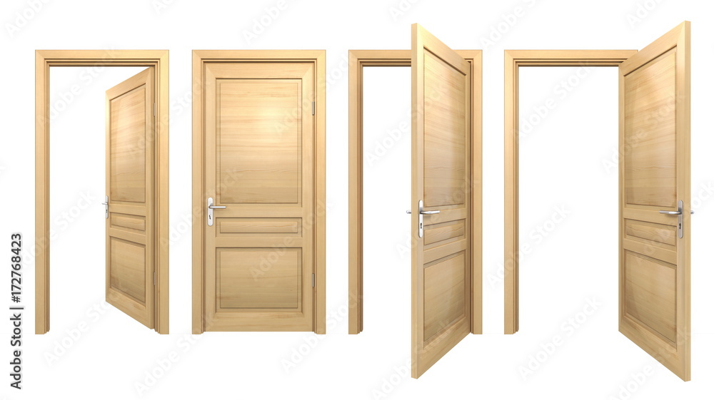 Obraz premium Open and closed wooden doors isolated on white