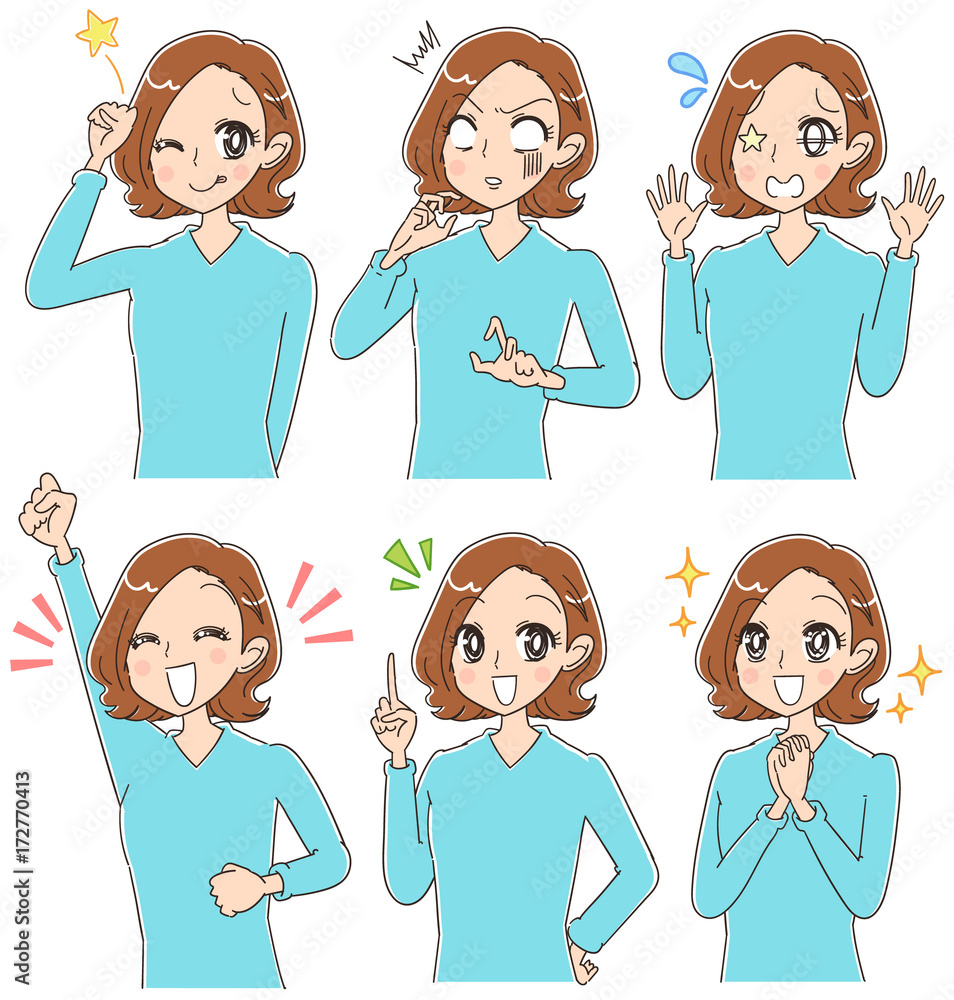 少女漫画風 様々な表情をした女性のイラスト（セット）