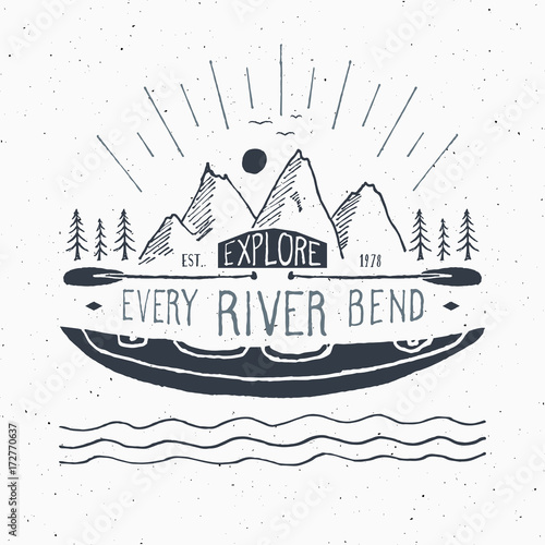 Kayak and canoe vintage label, Hand drawn sketch, grunge textured retro badge, typography design t-shirt print, vector illustration