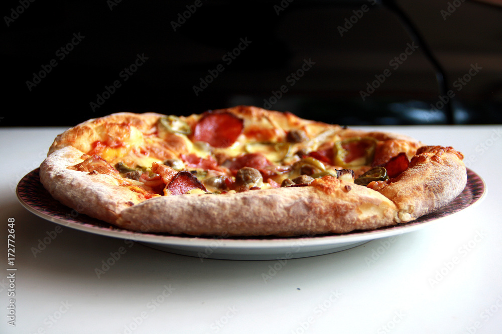 Pizza with topping Smoked Beef, Onion, Green Pepper, and Mozzarella Cheese. Pizza with topping Smoked Beef, Onion, Green Pepper, and Mozzarella Cheese.