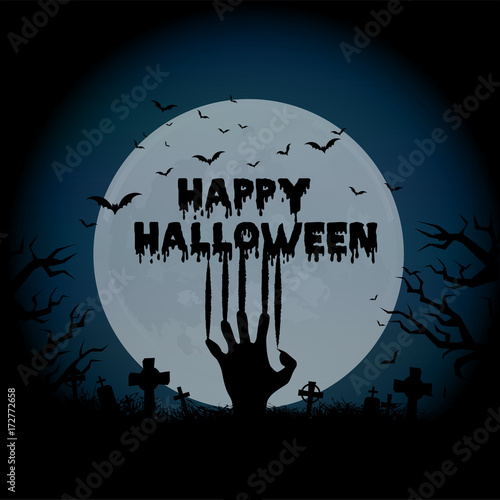 Halloween night background with haunted house, tree, pumpkin and bats. Vector
