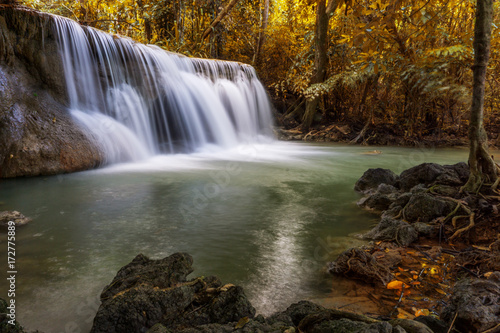 Waterfall in autumn forest at Huay Mae Kamin Waterfall  beautiful waterfall in rainforest at Kanchanaburi province  Thailand 