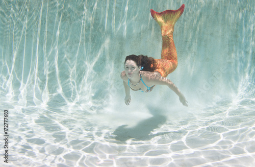 A mermaid with and orange tail underwater.