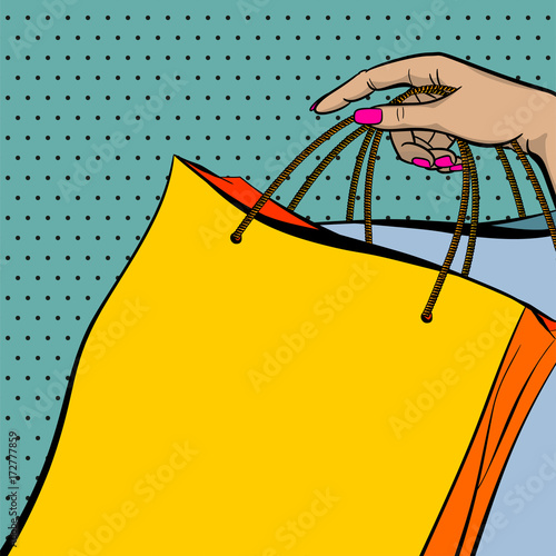 Pop art sale banner hand hold shopper bag