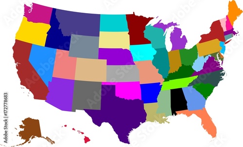 Colored map of the United States of America split into individual states. All states including Alaska and Hawaii.