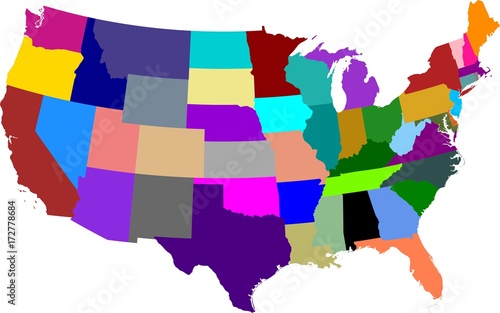 Colored map of the United States of America split into individual states. All continental states.