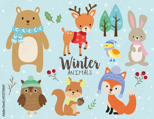 Vector illustration of cute winter animals including bear, deer, rabbit, bunny, owl, squirrel, bird and fox wearing winter outfits.
