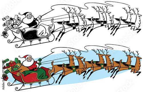 Santa Claus riding his sleigh pulled by his flying reindeer on Christmas Eve