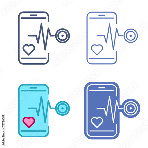 Mobile phone with stethoscope and heartbeat symbol. Vector outline icon set. Telemedicine concept line symbols and pictograms. Thin contour infographic elements for web design, presentation, network
