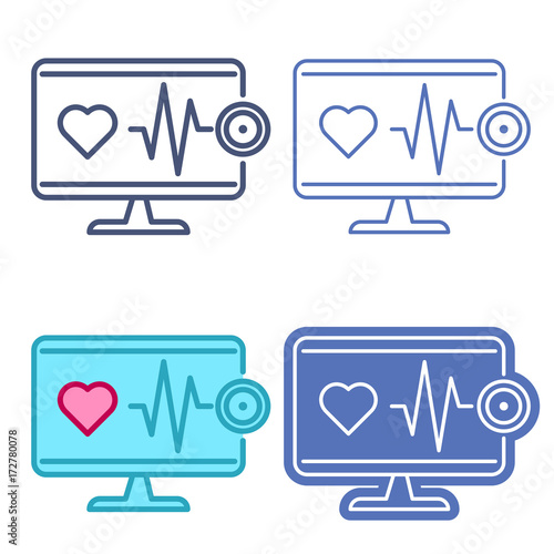 Desktop computer monitor with stethoscope and heartbeat symbol. Vector outline icon set. Telemedicine concept line pictograms. Thin contour infographic elements for web design, presentations, networks