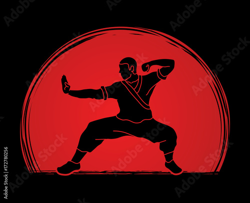 Kung fu action ready to fight designed on sunlight graphic vector.