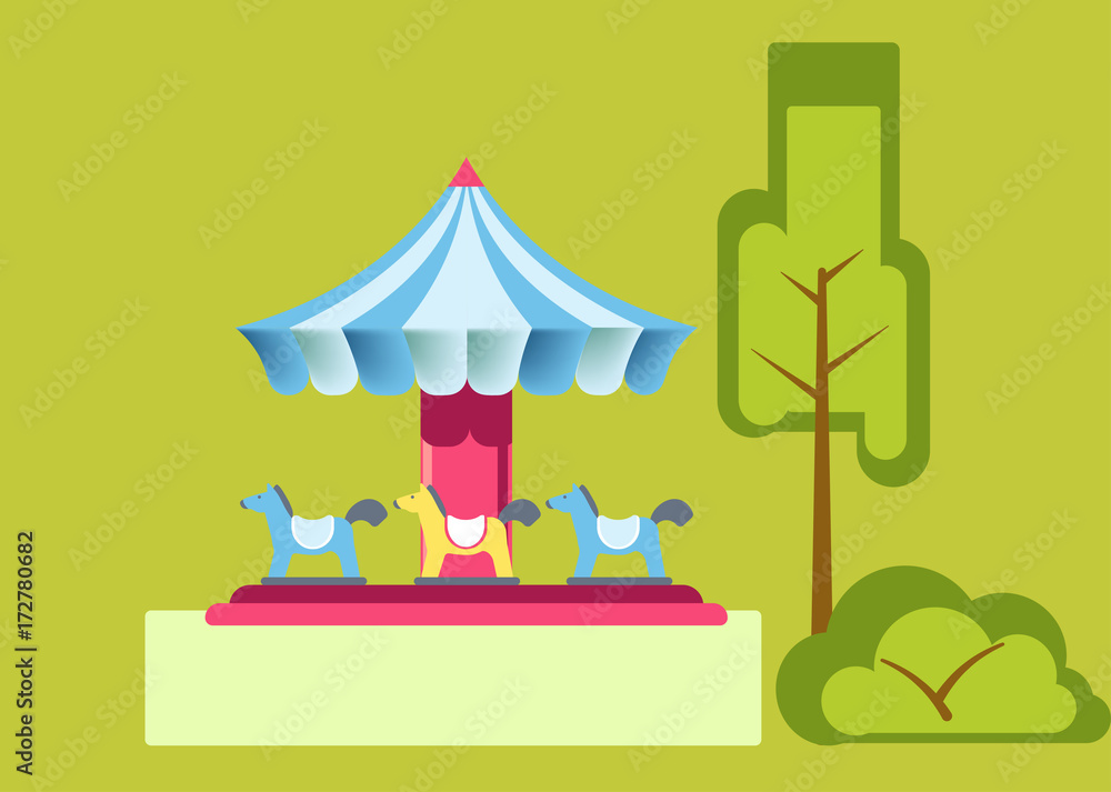 Amusement park attractions merry-go-round carousels vector flat design