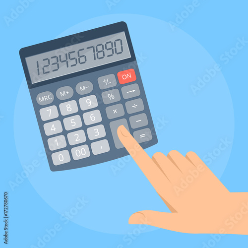 Human hand counts a business income. Concept illustration of male, female hand with electronic office calculator. Flat vector design elements.