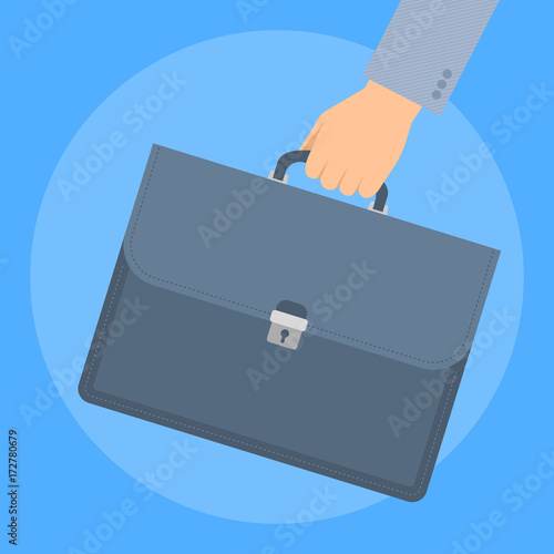 Businessman's hand carries a briefcase by the handle. Concept business illustration of human hand with luggage black suitcase with documents, contracts and agreements. Flat vector design elements.