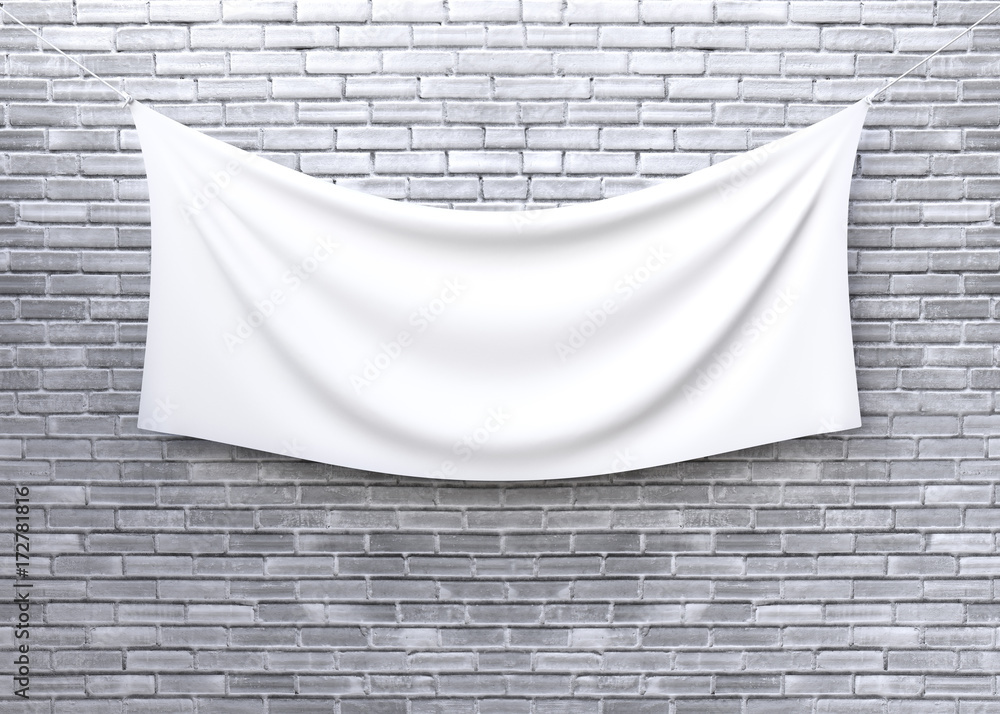 Cloth banner hanging on brick wall. 3D illustration Stock Photo | Adobe ...