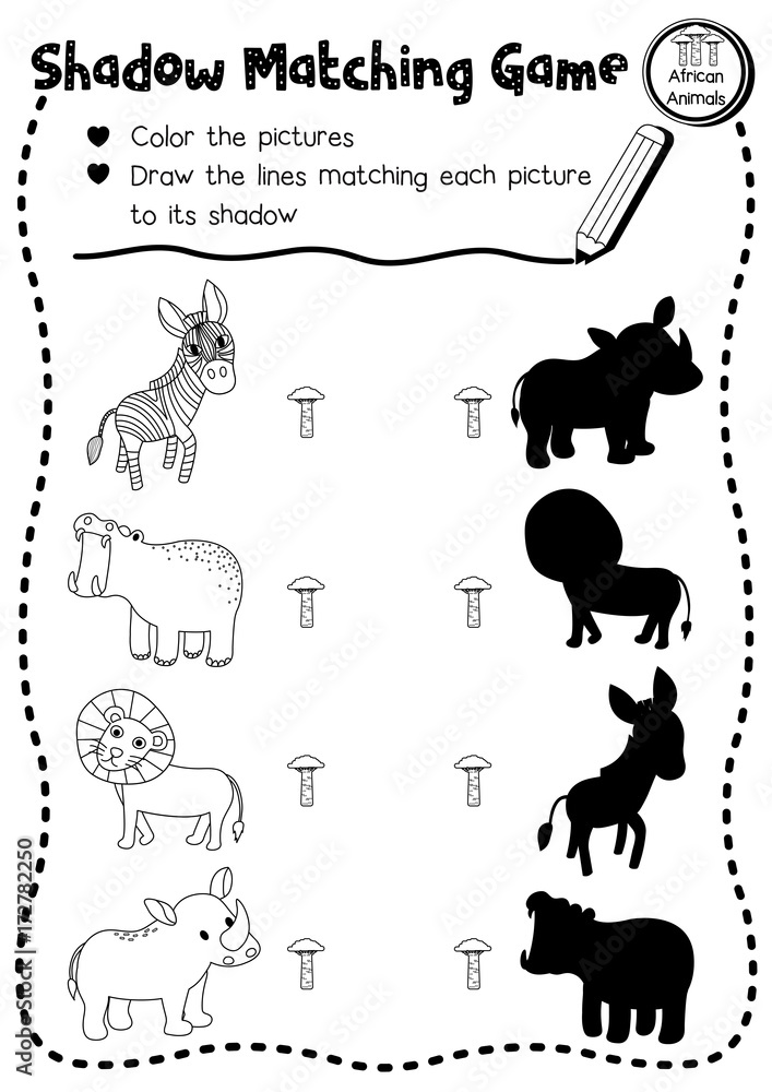 Shadow matching game of african animals for preschool kids activity  worksheet layout in A4 coloring printable version. Vector Illustration.  Stock Vector | Adobe Stock