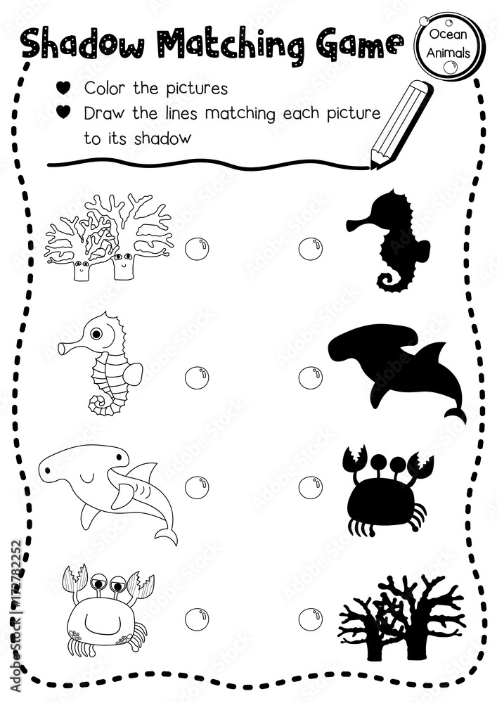 Shadow matching game of ocean animals for preschool kids activity worksheet layout in A4 coloring printable version. Vector Illustration.