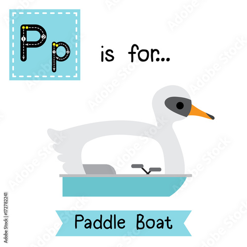 Letter P cute children colorful transportations ABC alphabet tracing flashcard of Paddle Boat for kids learning English vocabulary Vector Illustration.