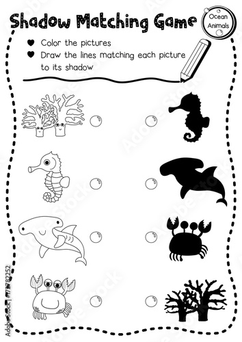 Fototapeta Naklejka Na Ścianę i Meble -  Shadow matching game of ocean animals for preschool kids activity worksheet layout in A4 coloring printable version. Vector Illustration.