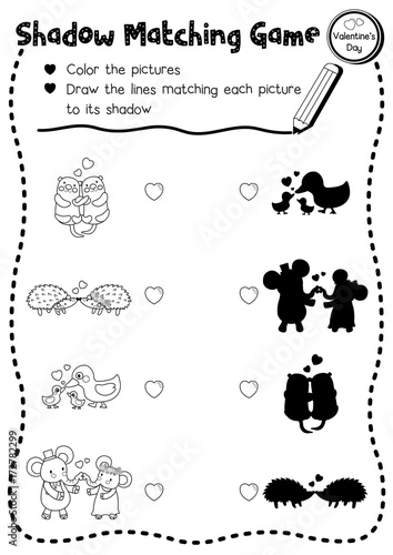 Shadow matching game of animals for preschool kids activity worksheet in Valentines Day theme coloring printable version layout in A4.