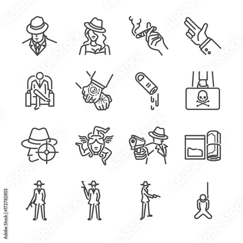 Mafia and Gangster line icon set. Included the icons as boss, mafia, pistol, illegal trade, killer, crime and more.