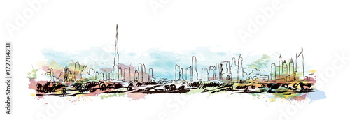 Watercolor sketch of Dubai sky line in vector illustration.