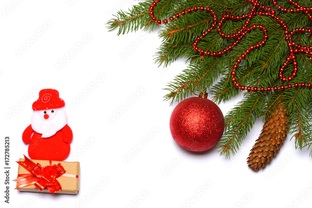 Christmas background. Top view with copy space. fir tree with cone and red ball isolated on white background