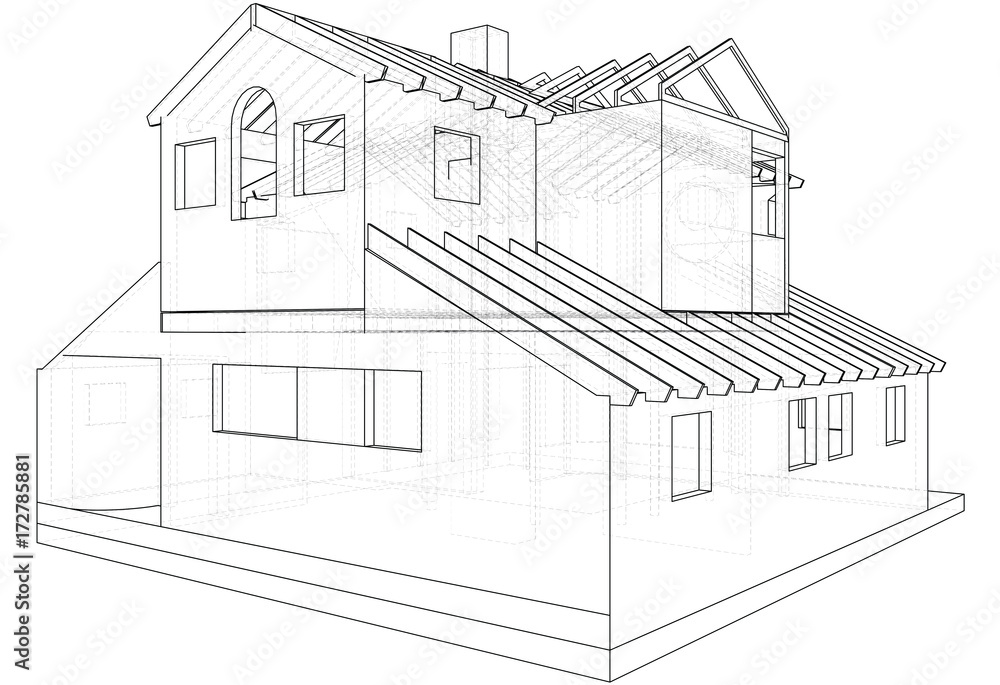 House drawing in vector. The contours of the house. Vector created of 3d.