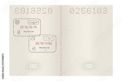 Open passport with Prague, Czech Republic stamps