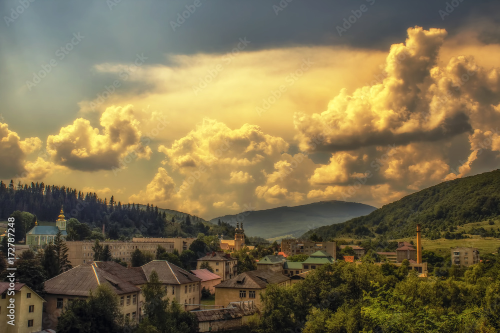 Fototapeta premium Town in a clouds. Volovets, Carpathians