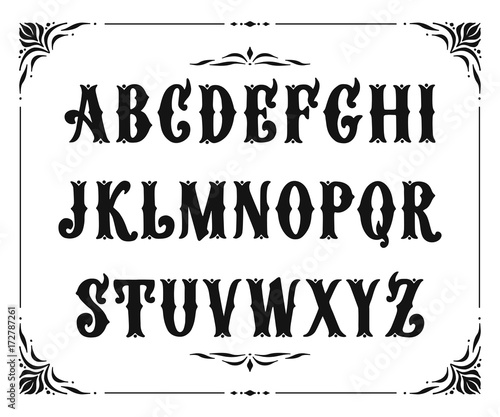 Handcrafted letters with Victorian decor. Vector font type design. Stylized logo text typesetting