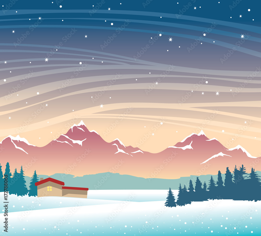 Winter night landscape - mountains, house, forest.