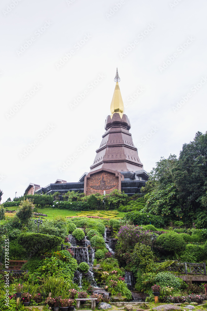 The Stupa Phra Mahathat Naphamethanidon at Doi Inthanon, the highest mountain of Thailand, amidst a beautiful garden