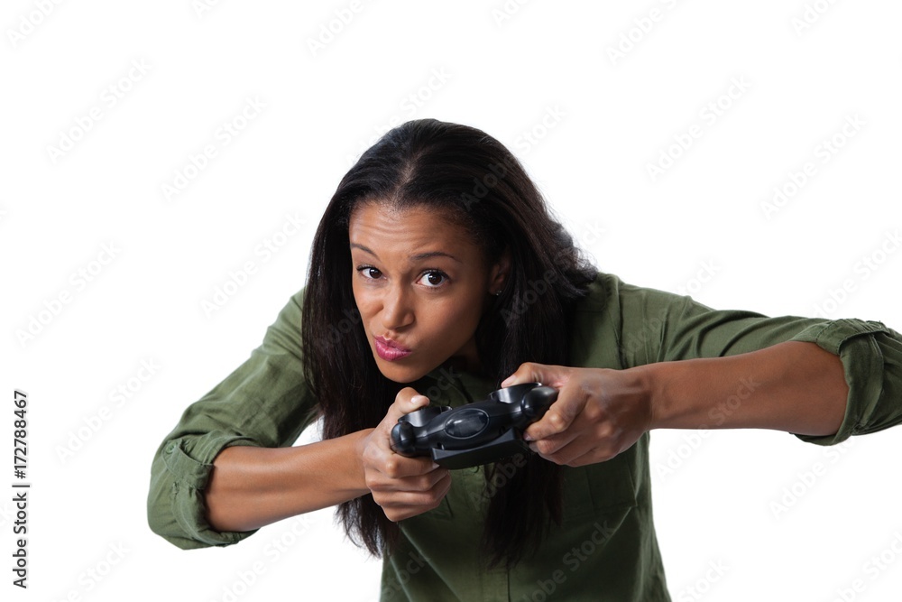 Woman making funny faces while playing video games