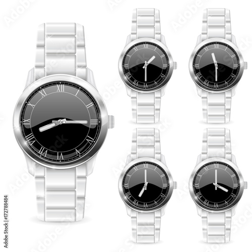 Men wrist watch with metal bracelet. Black clockface with roman numerals