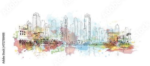 Watercolor sketch of Dubai city buildings in vector illustration.